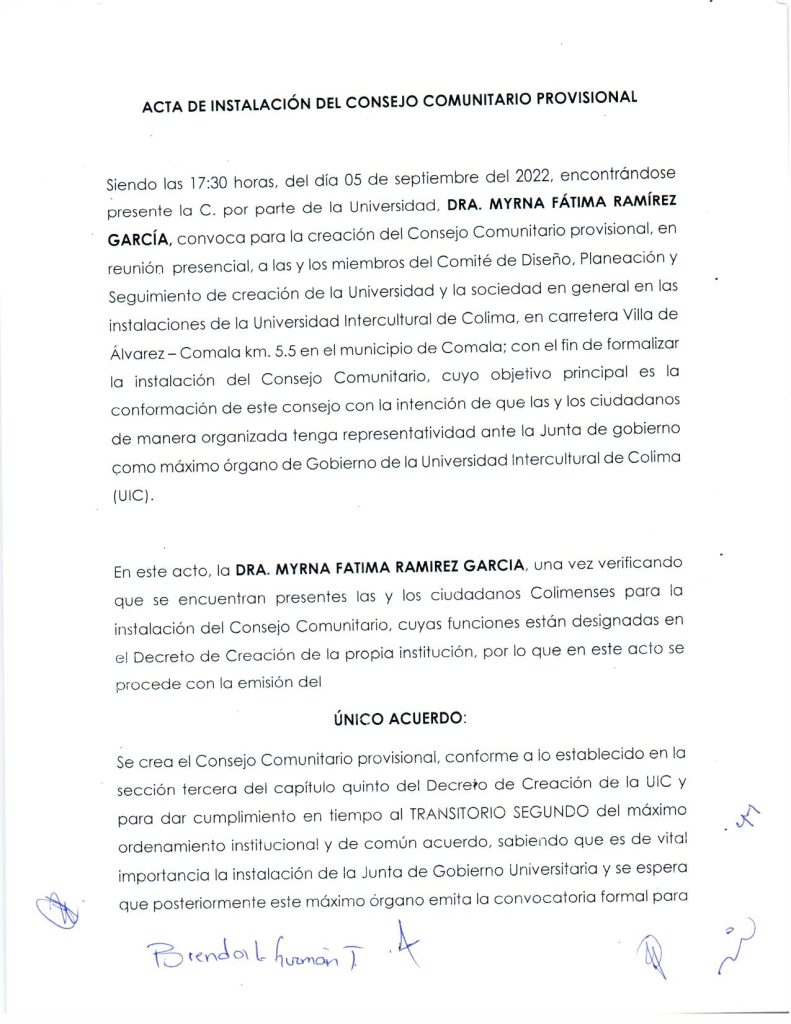 Primera página del Acta de Instalación de Consejo Comunitario